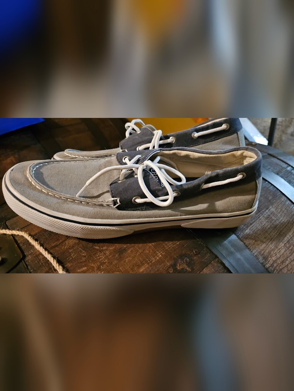 Sperry Classic Boat Shoe in Gray and Navy with White Laces